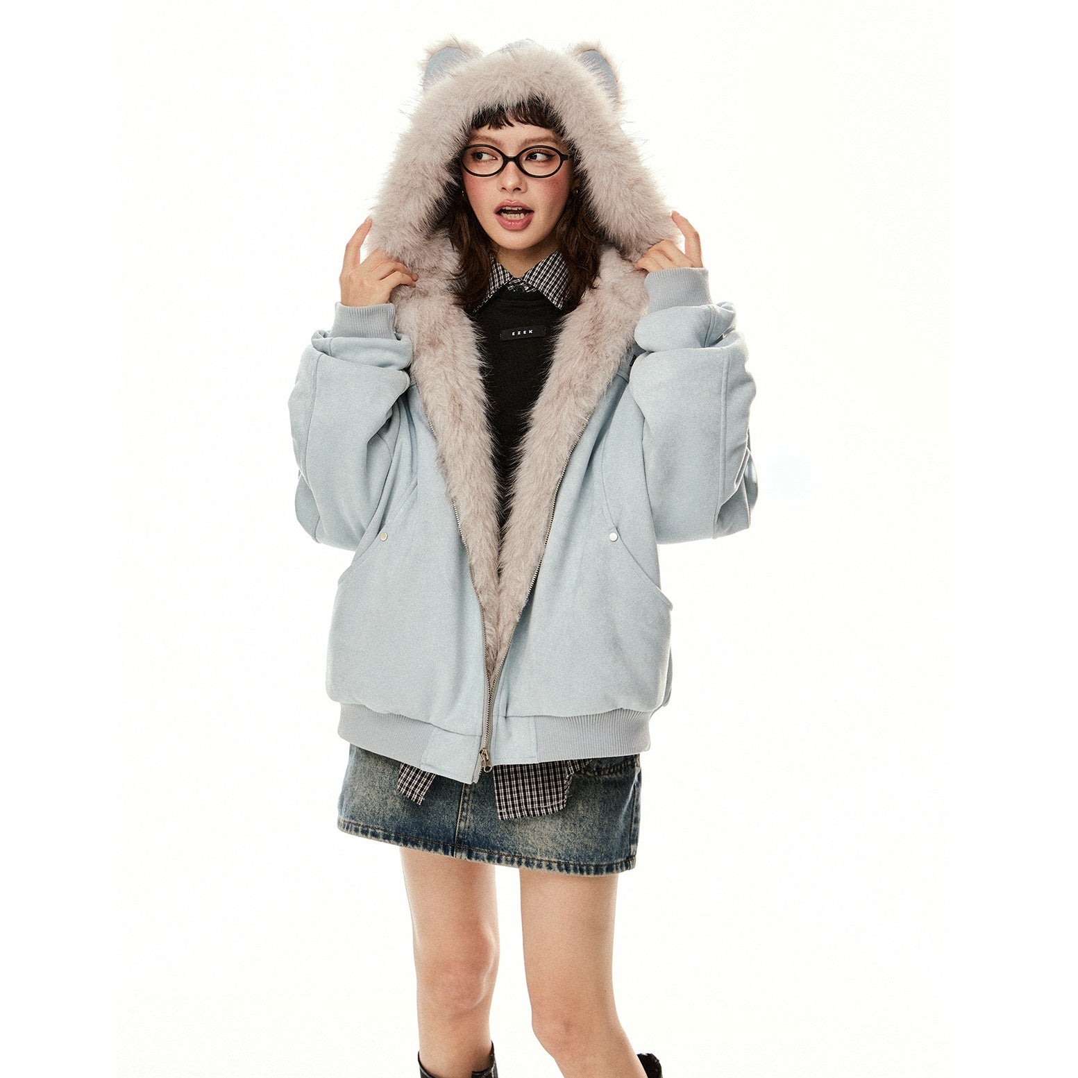 Fur Stitch Cat Ears Hooded Jacket EZ224