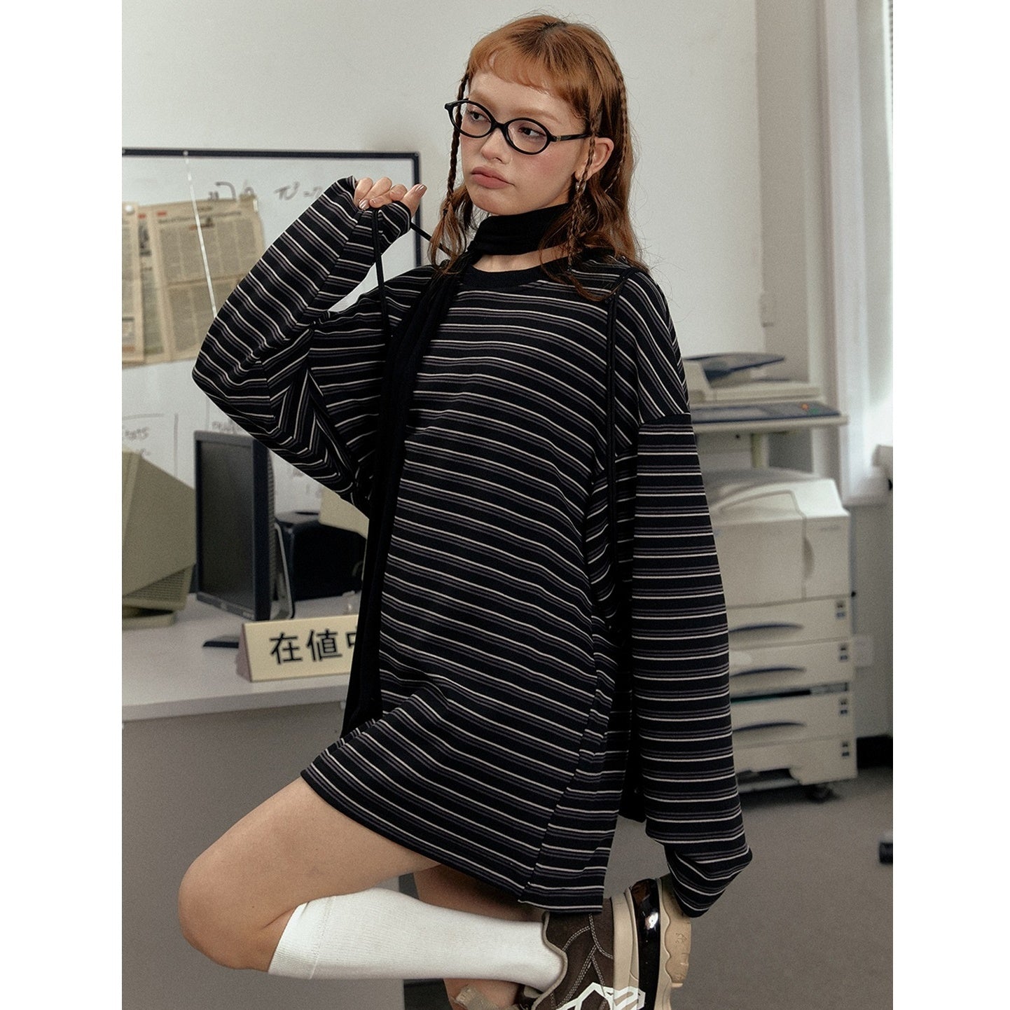 Drop Shoulder Loose Long Sleeve Border T-Shirt EZ159