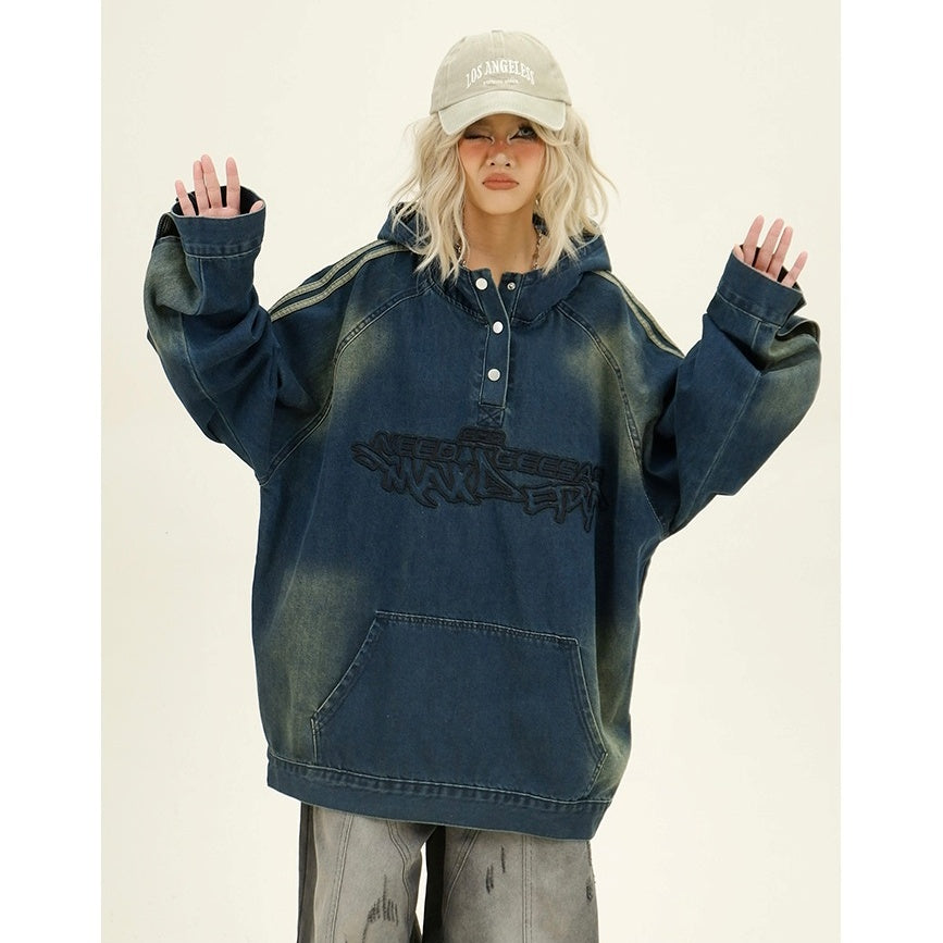 Letter Embroidery Denim Hooded Pullover MW9943