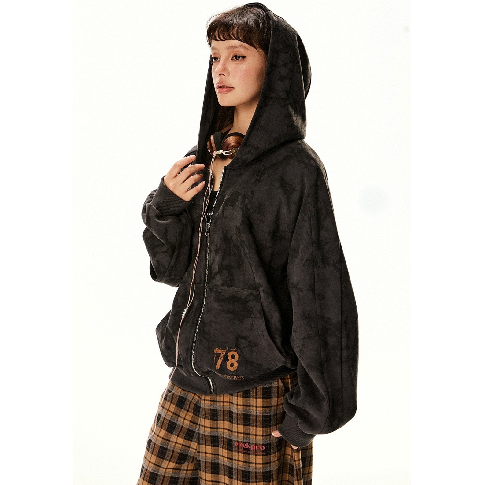 Mottled Loose ZIP-Up Hooded Parka EZ238