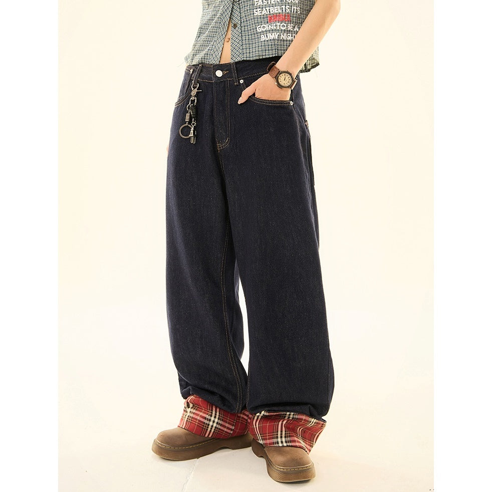Retro Plaid Patchwork Washed Loose Straight Jeans MW9215
