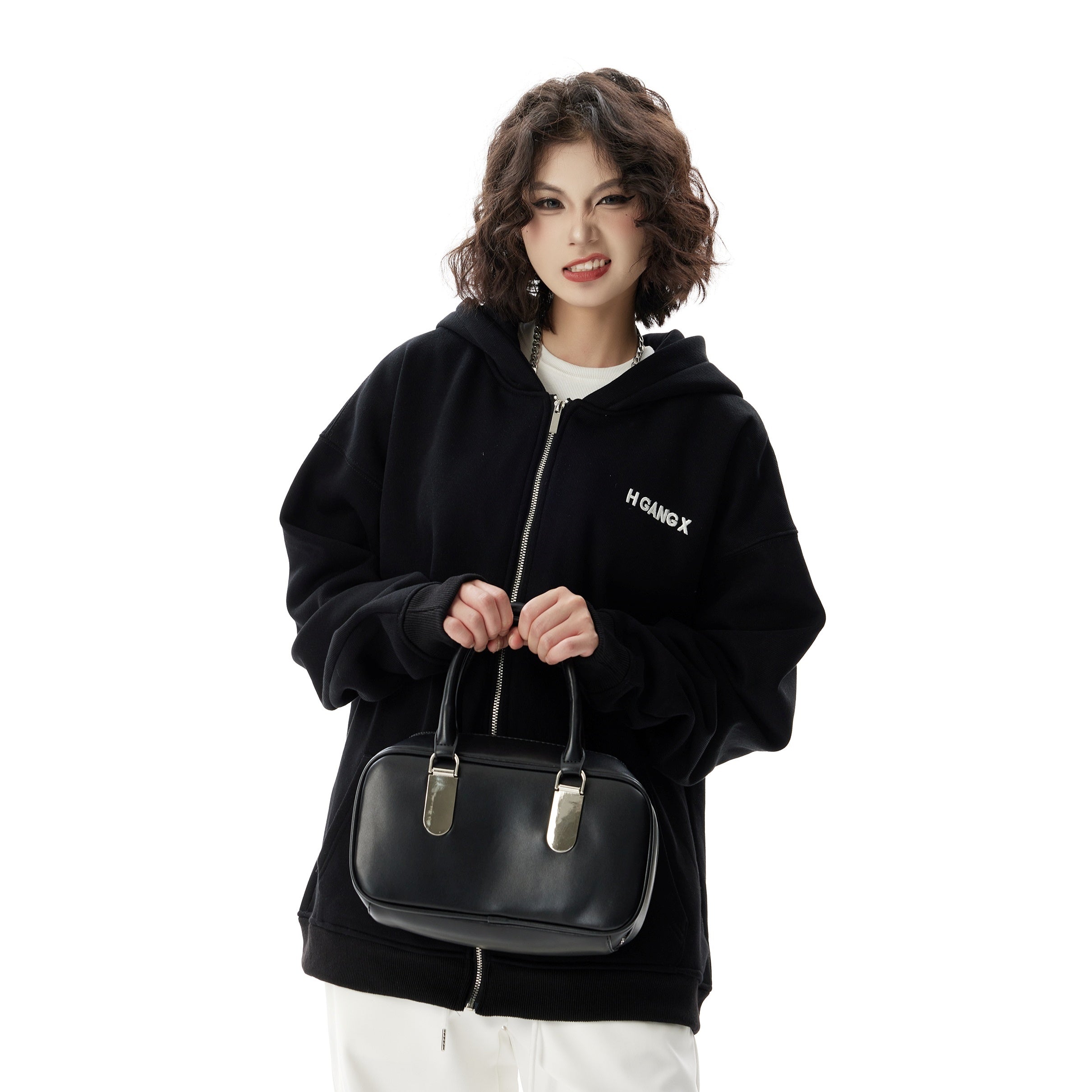 Simple Embroidered ZIP-Up Hooded Parka HG7181