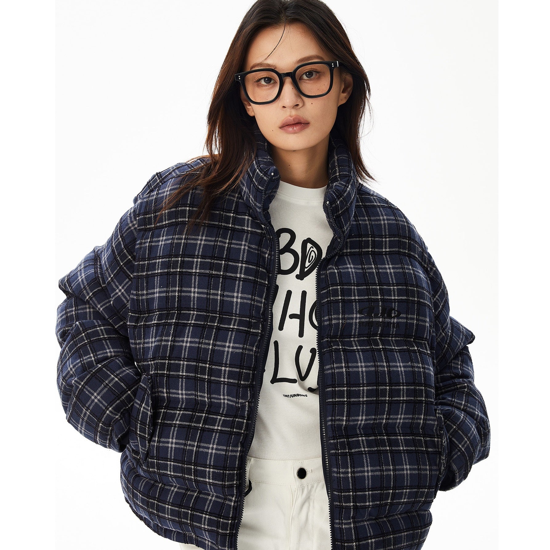 Plaid Reversible Stand Collar Padded Short Jacket MW9623