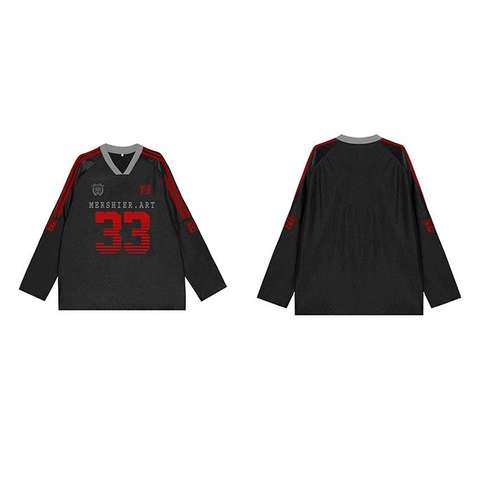 V-neck Sports Style Jersey Long-sleeved T-shirt MW9285