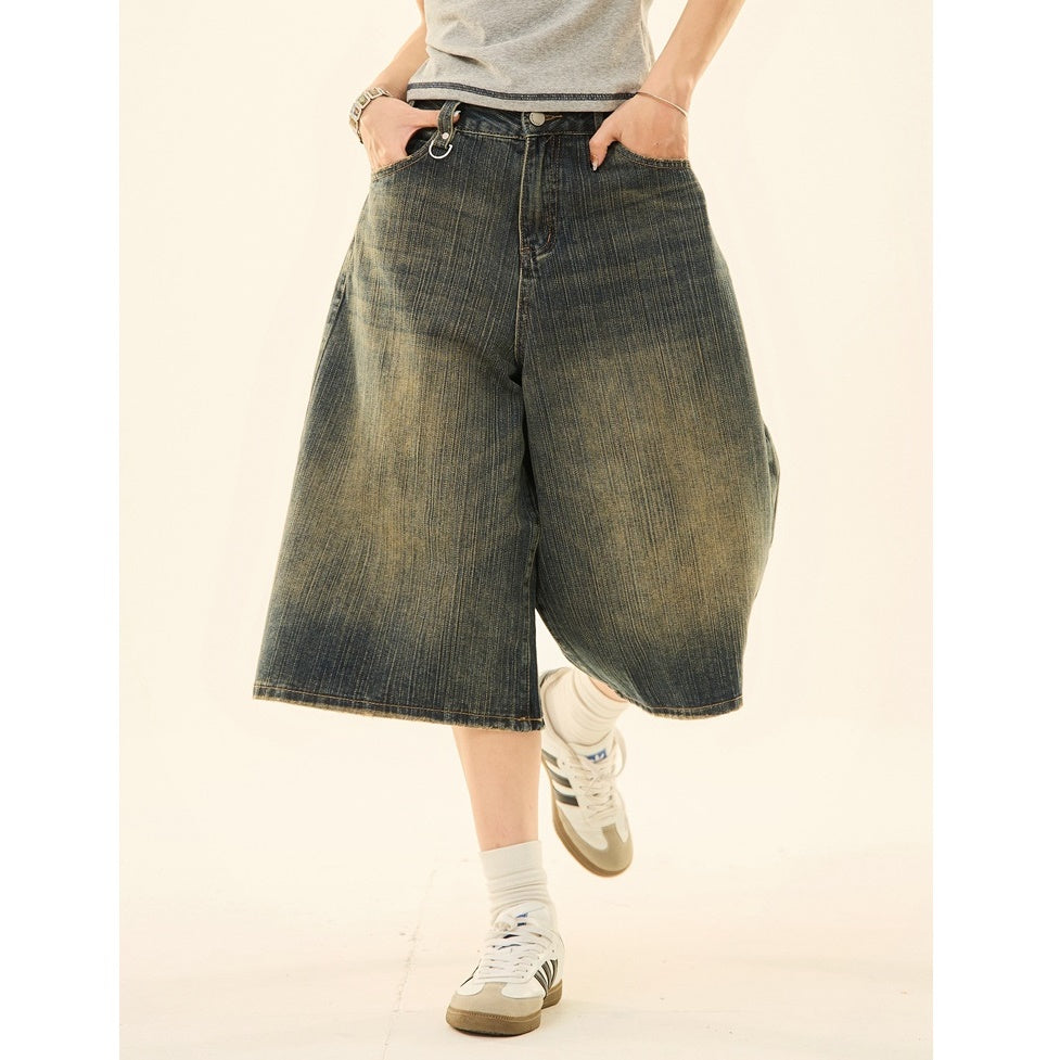 Vintage Wash Distressed Denim Wide-leg Cropped Pants MW9267