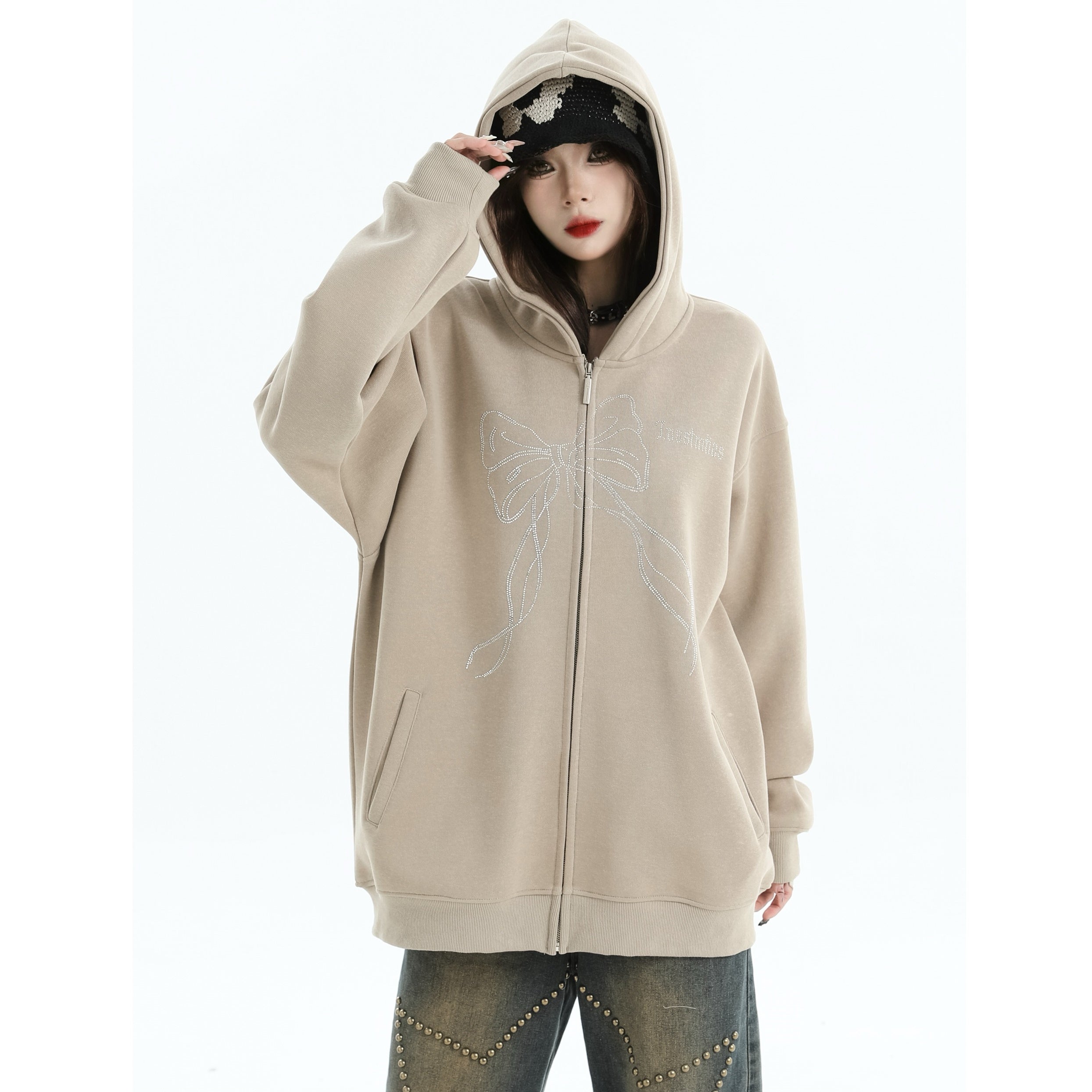 Rhinestone Bow Logo Loose Hooded Zip Parka IN7012