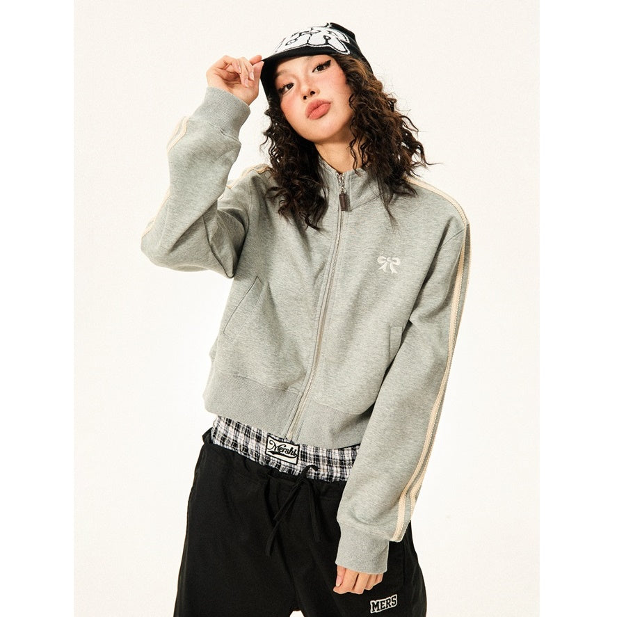 Retro College Bow Embroidery Cropped Track Jacket MW9430