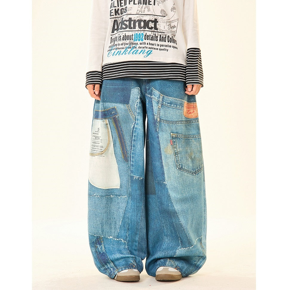 Patch Stitched Print Loose Straight Jeans MW9529