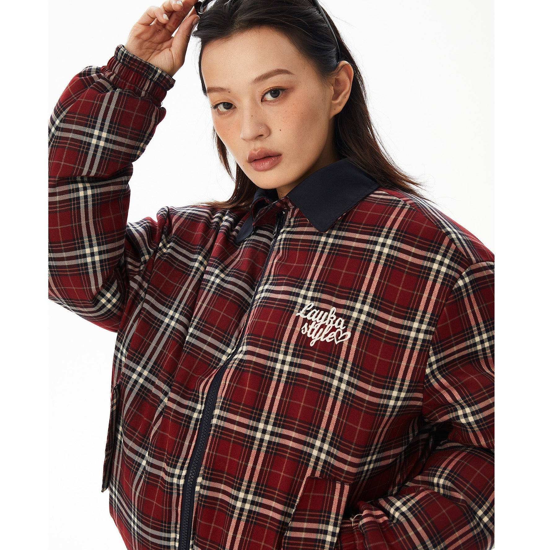 Plaid Lapel Reversible Zip-Up Padded Jacket MW9622