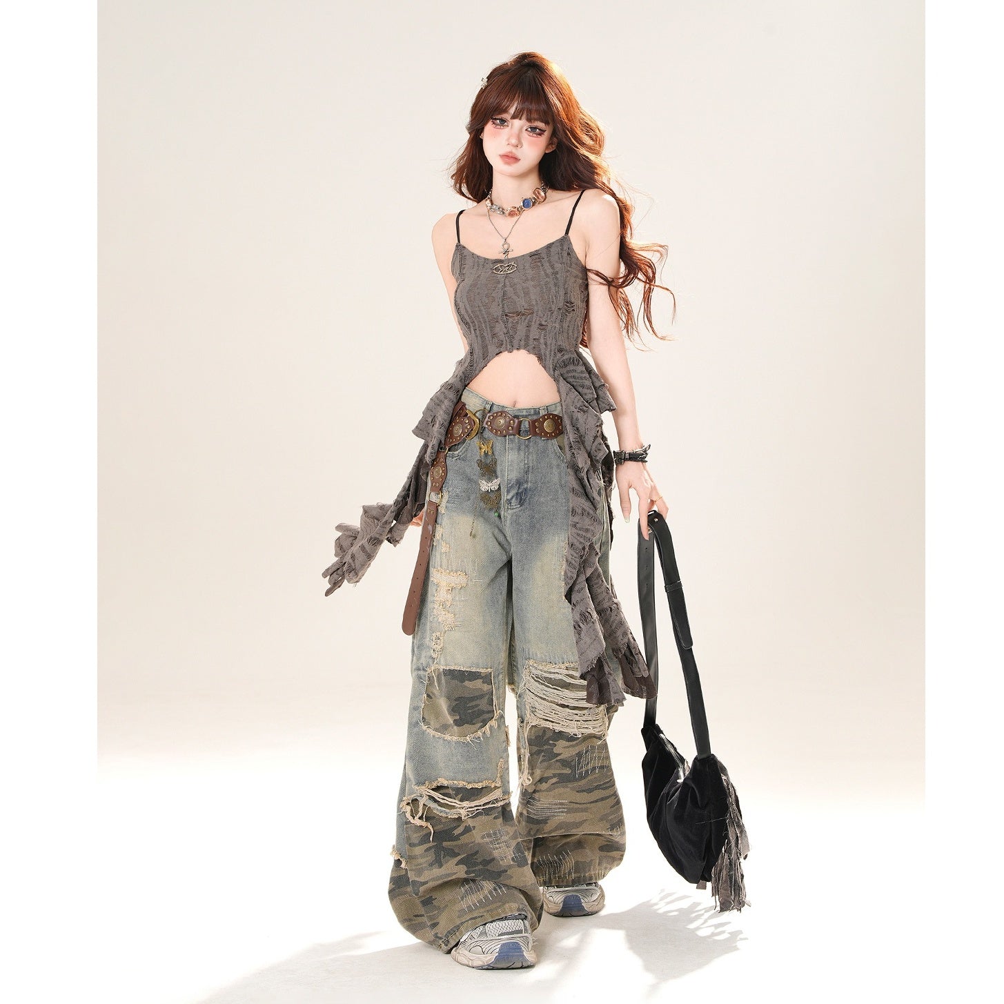 Ripped Camouflage Switching Wide-leg Jeans KK2045