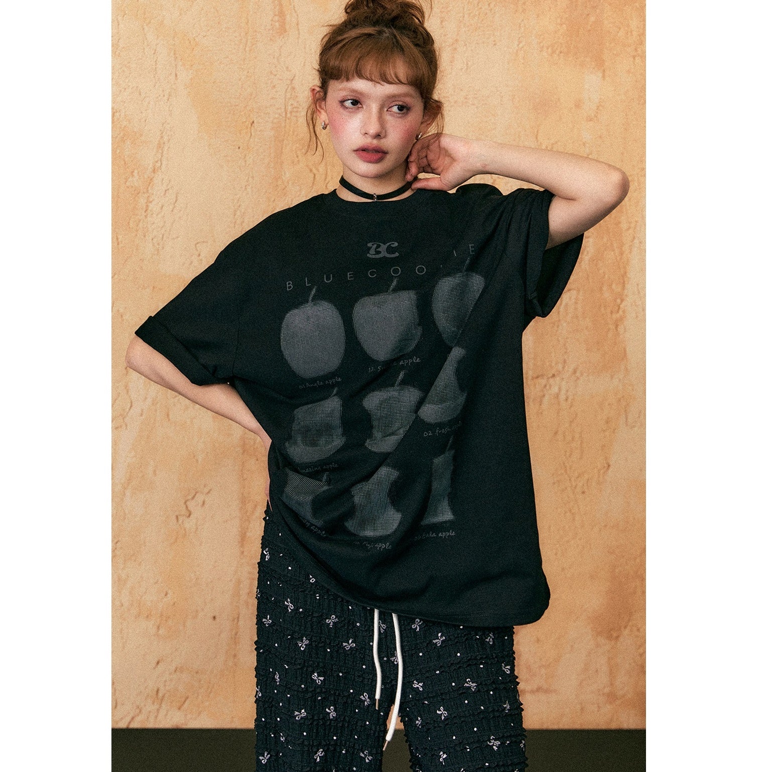 Apple Print Letter Oversize T-shirt EZ122