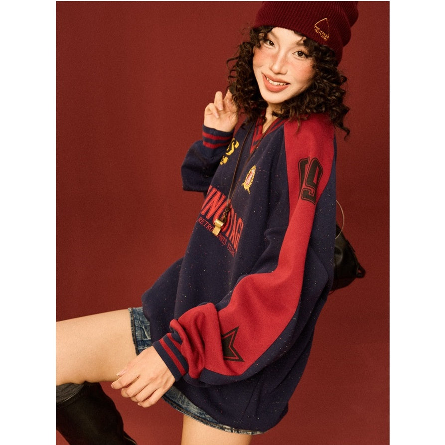 College Style V-neck Drop Shoulder Sweat MW9431