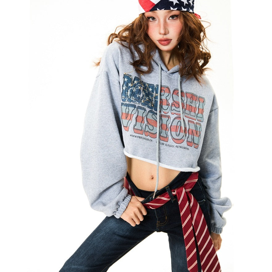 Print Cropped Wide Hoodie MW9801