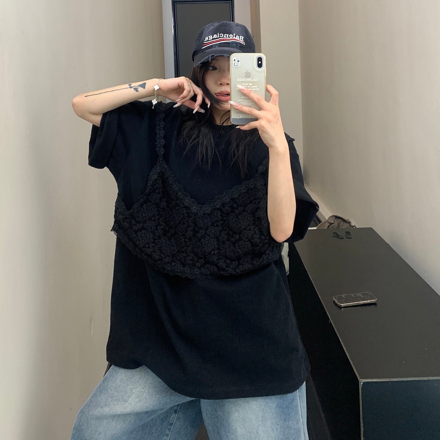 Lace Camisole Stitch Fake Layered T-shirt MW10073