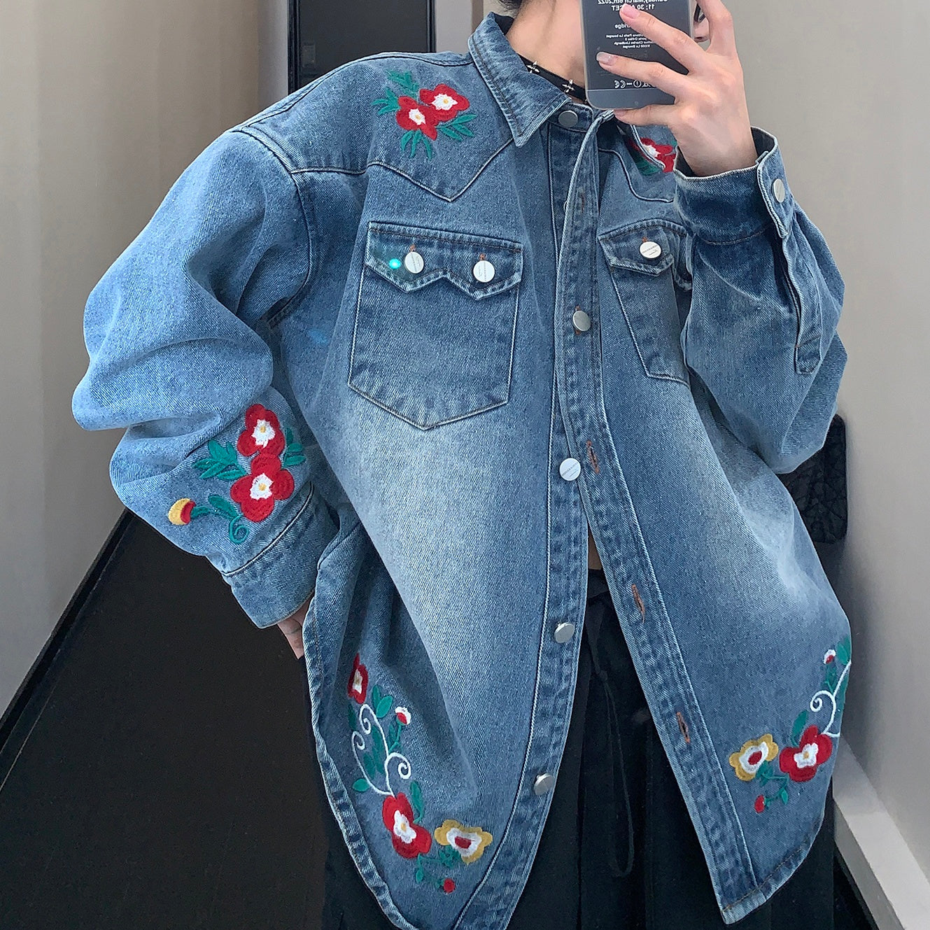 Flower Embroidered Denim Shirt Jacket MW9850