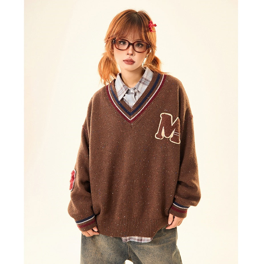 College Style Loose V-neck Sweater MW9530