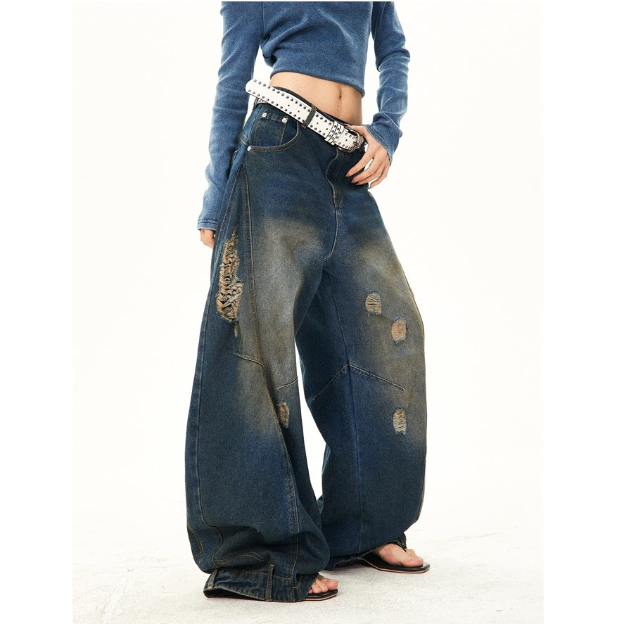 Retro Washed Ripped Stitch Design Loose Jeans YS7007