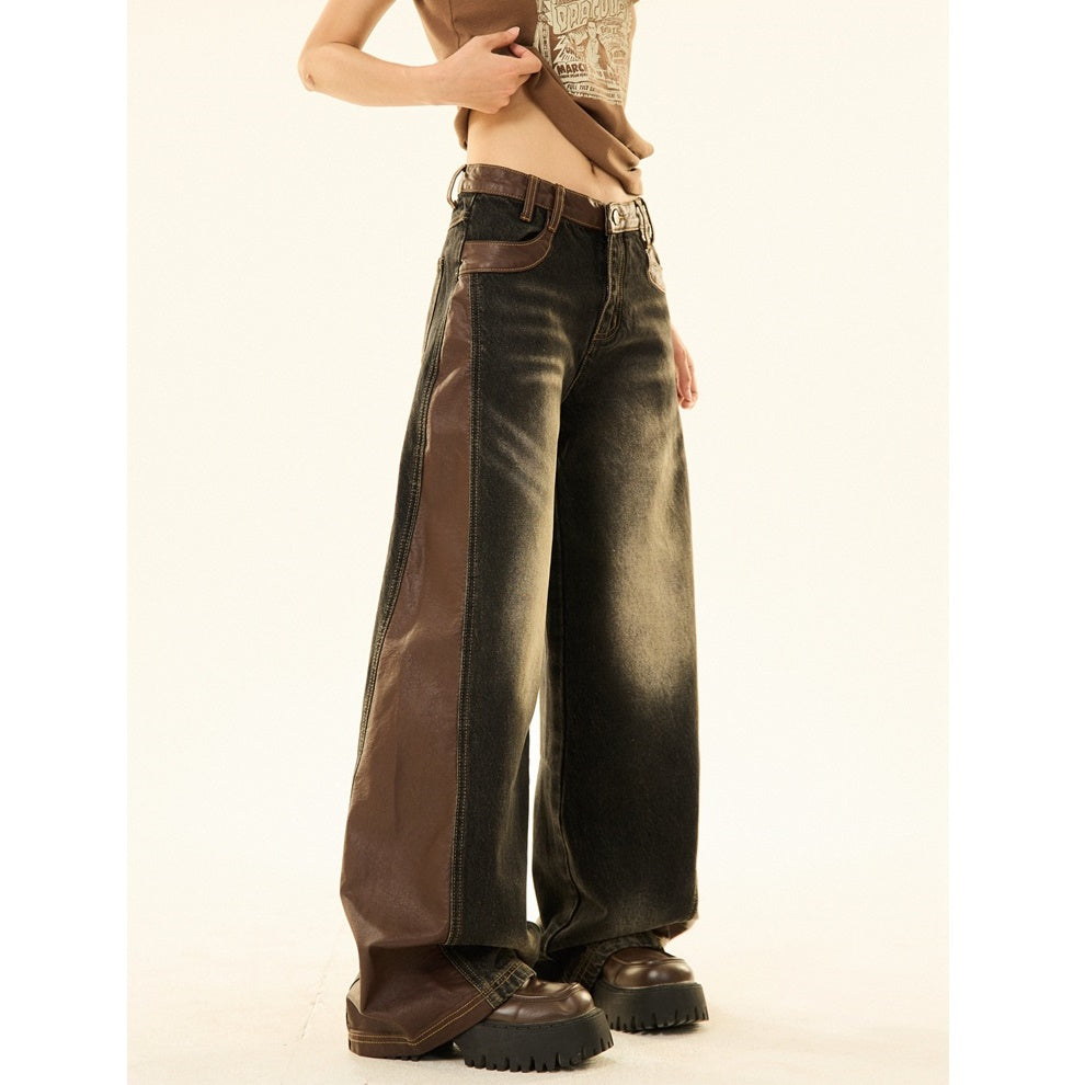 Leather Patchwork Distressed Loose Straight-leg Jeans MW9227
