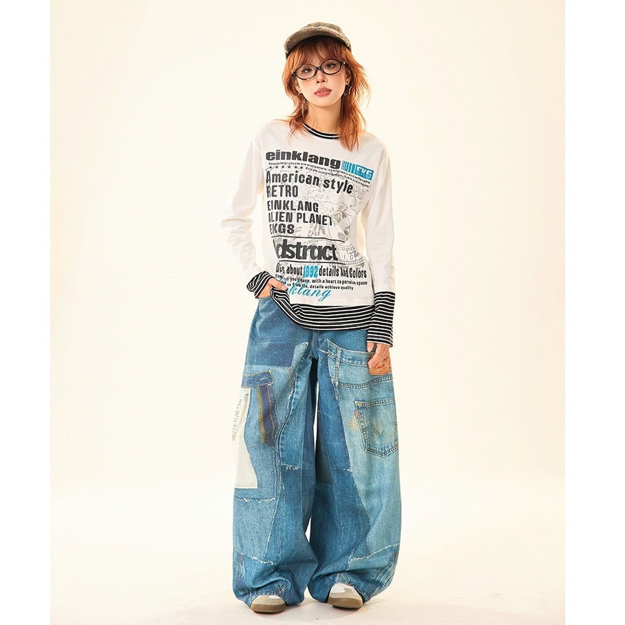 Patch Stitched Print Loose Straight Jeans MW9529