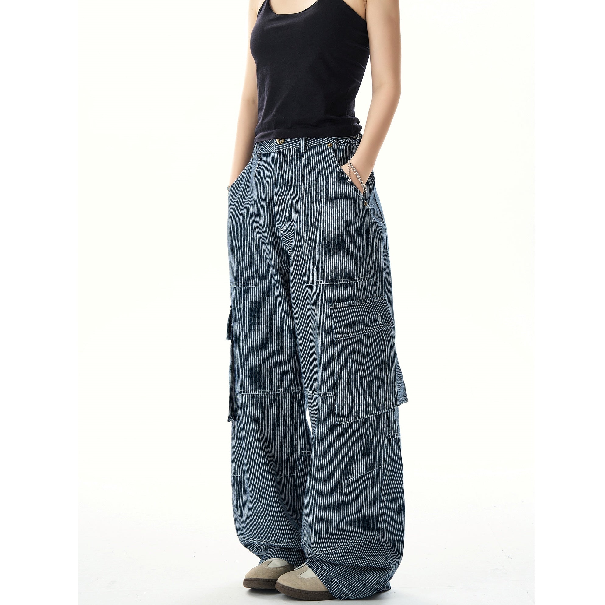 Retro Hickory Stripe Loose Cargo Pants HG7137