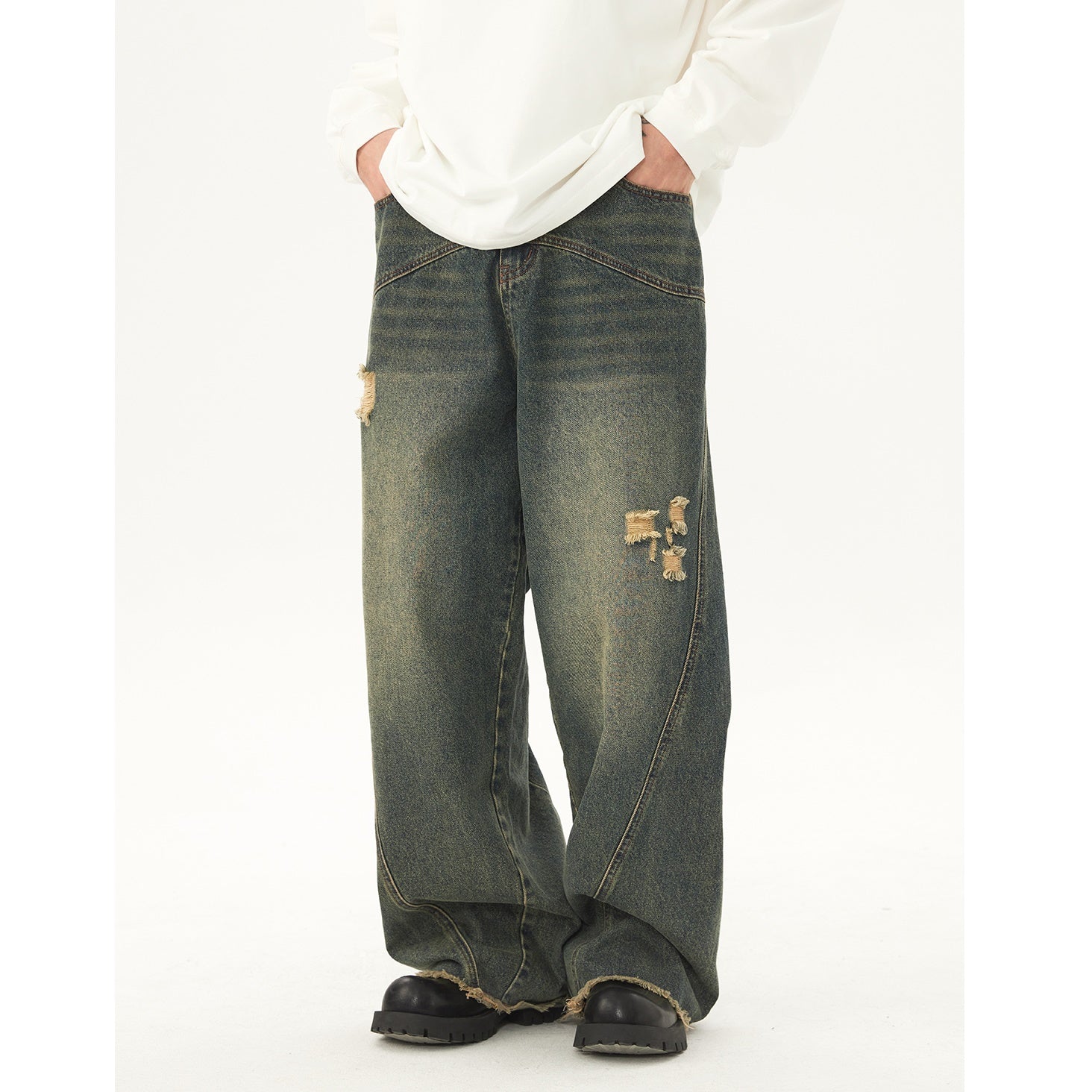 retro washed ripped raw edge straight jeans NJ7002