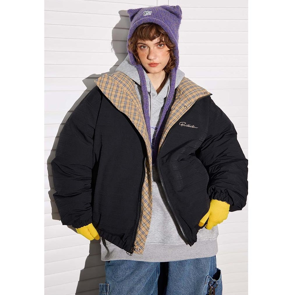 Reversible Plaid Stand Collar Padded Jacket MW9481