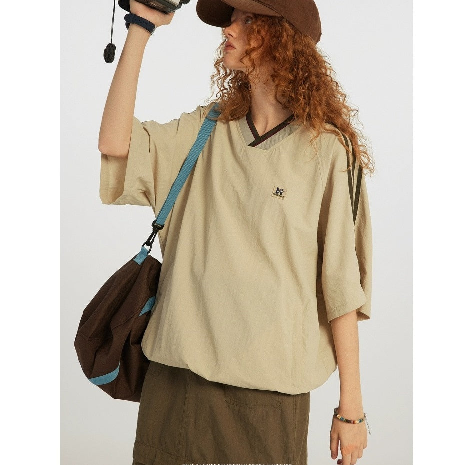 Vintage V-neck Webbing Drawstring Loose T-shirt NJ1006