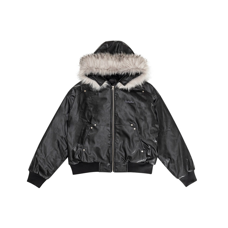 Fur Collar PU Leather Hooded Jacket MW9578