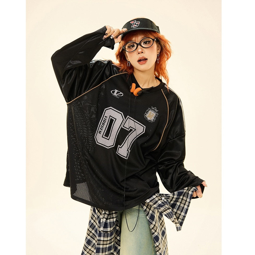 Letter Print Mesh Switching Long Sleeve T-shirt MW9345