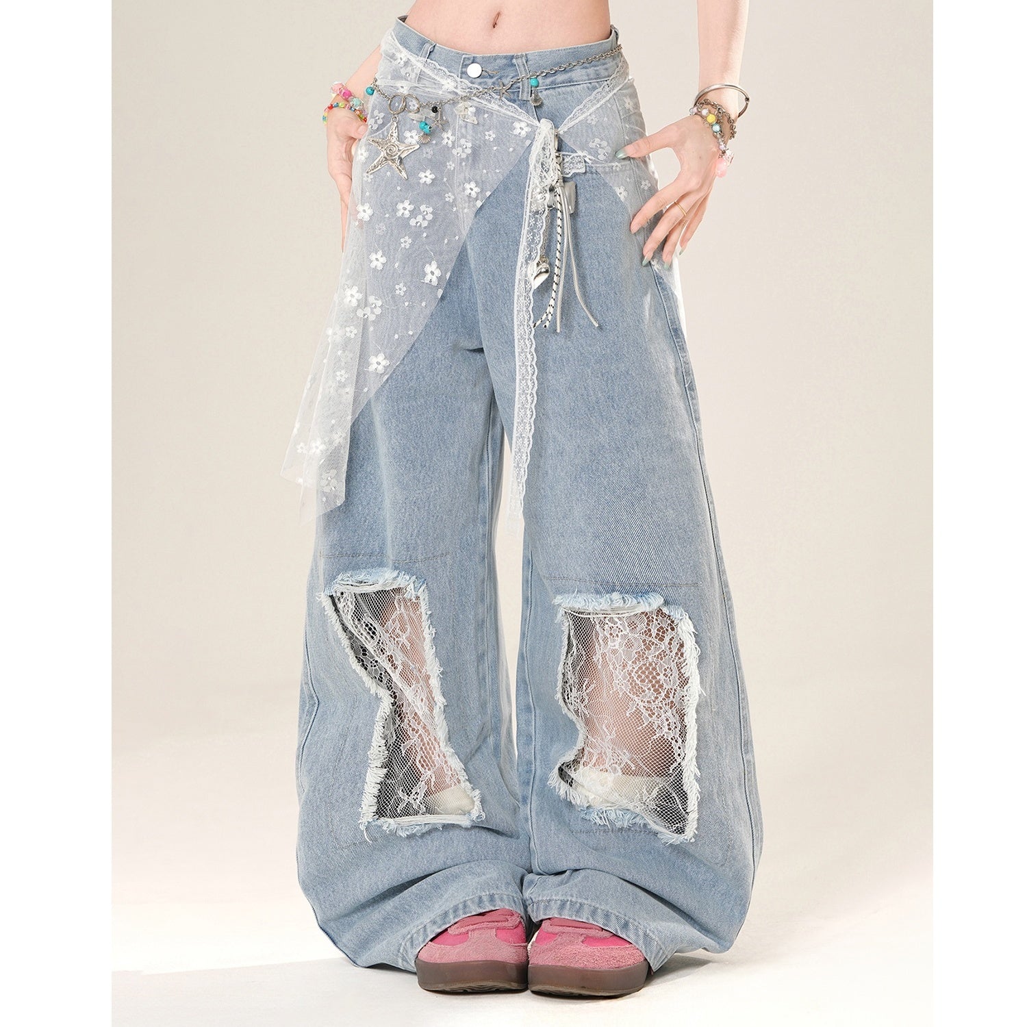 Lace Ripped Wide Leg Jeans KK2030