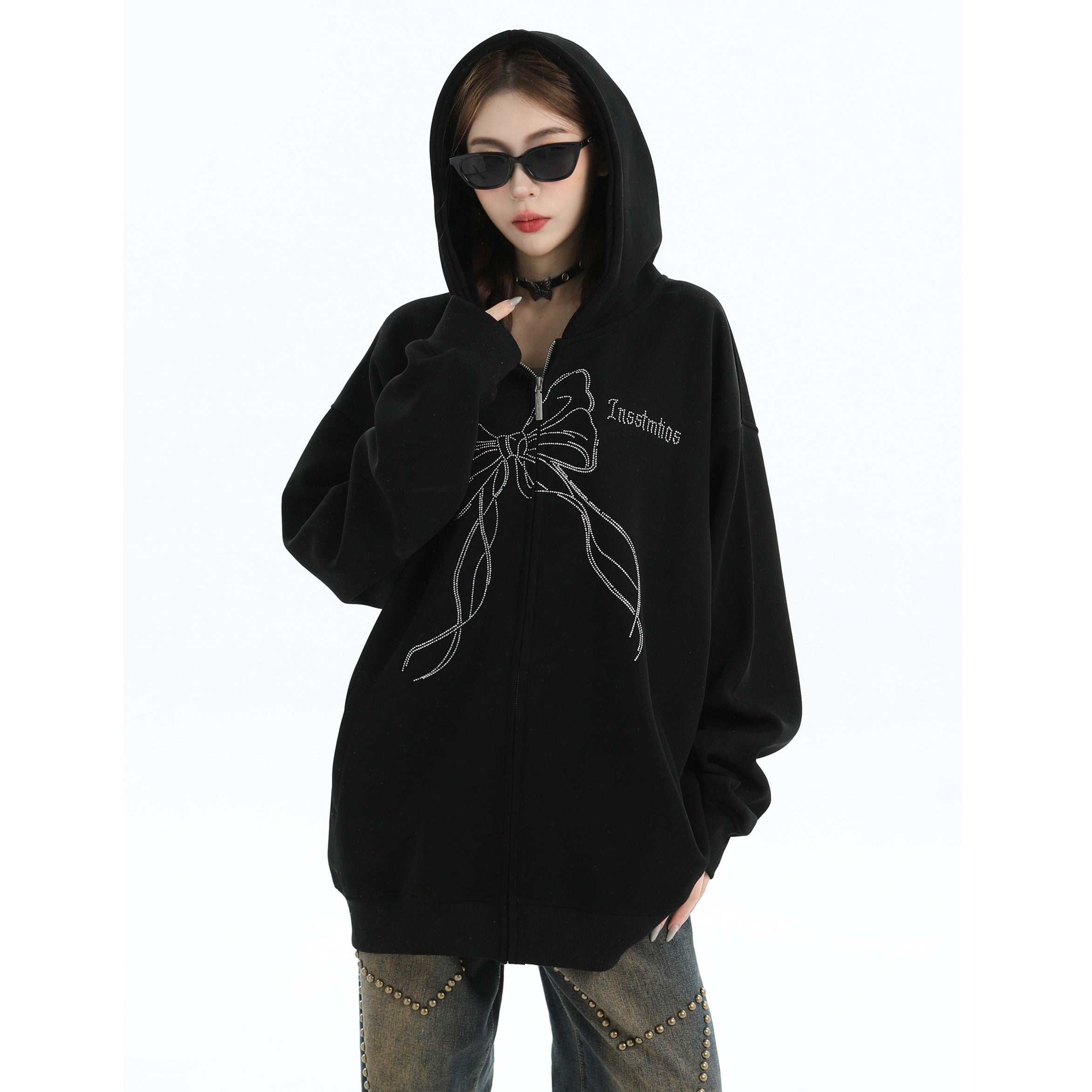 Rhinestone Bow Logo Loose Hooded Zip Parka IN7012