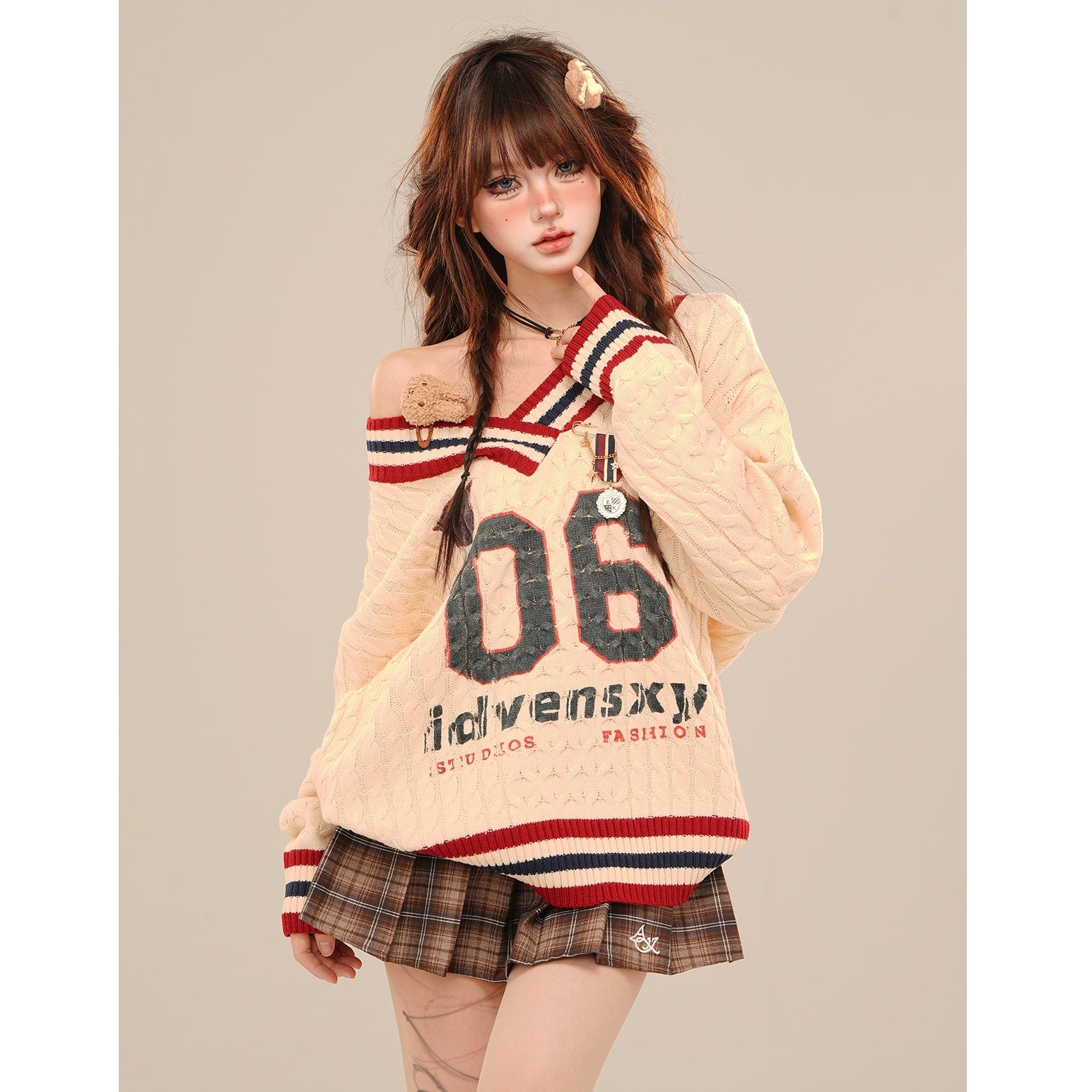 College Style Loose V-neck Cable Sweater KK2019