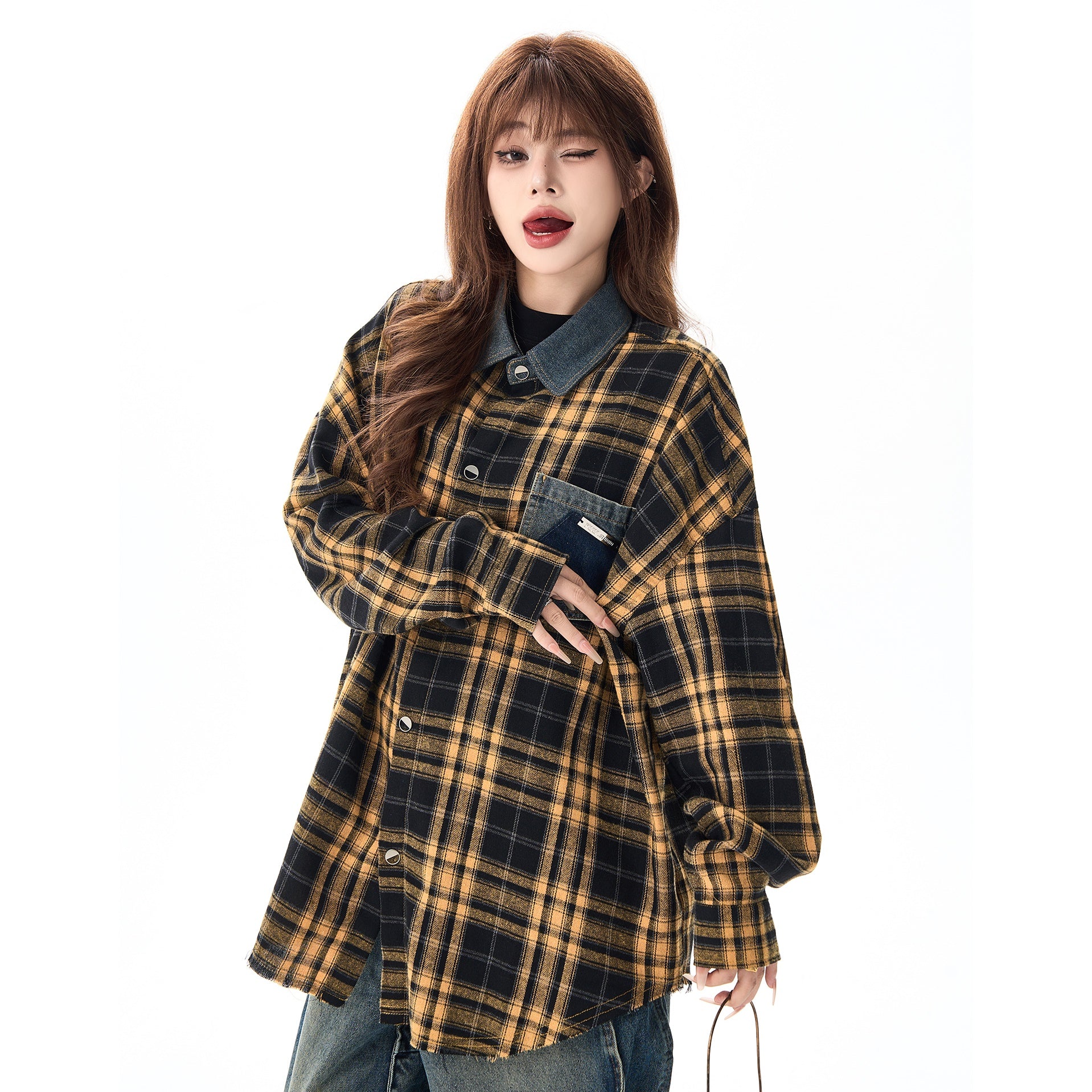 Plaid Denim Collar Loose Shirt MW9376