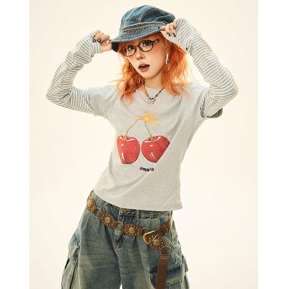 Cherry Print Fake Layered Long Sleeve T-Shirt MW9330