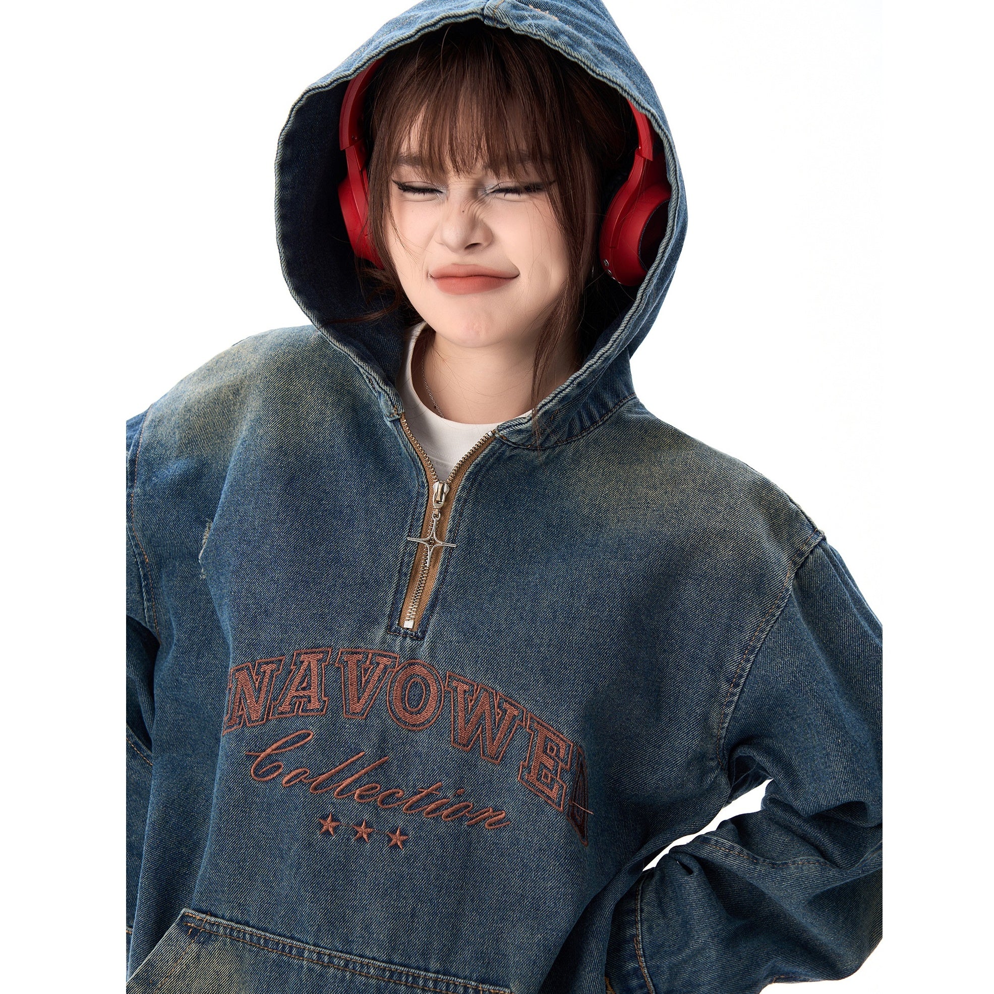 Vintage Embroidery Loose Half-ZIP Denim Hoodie MW9373