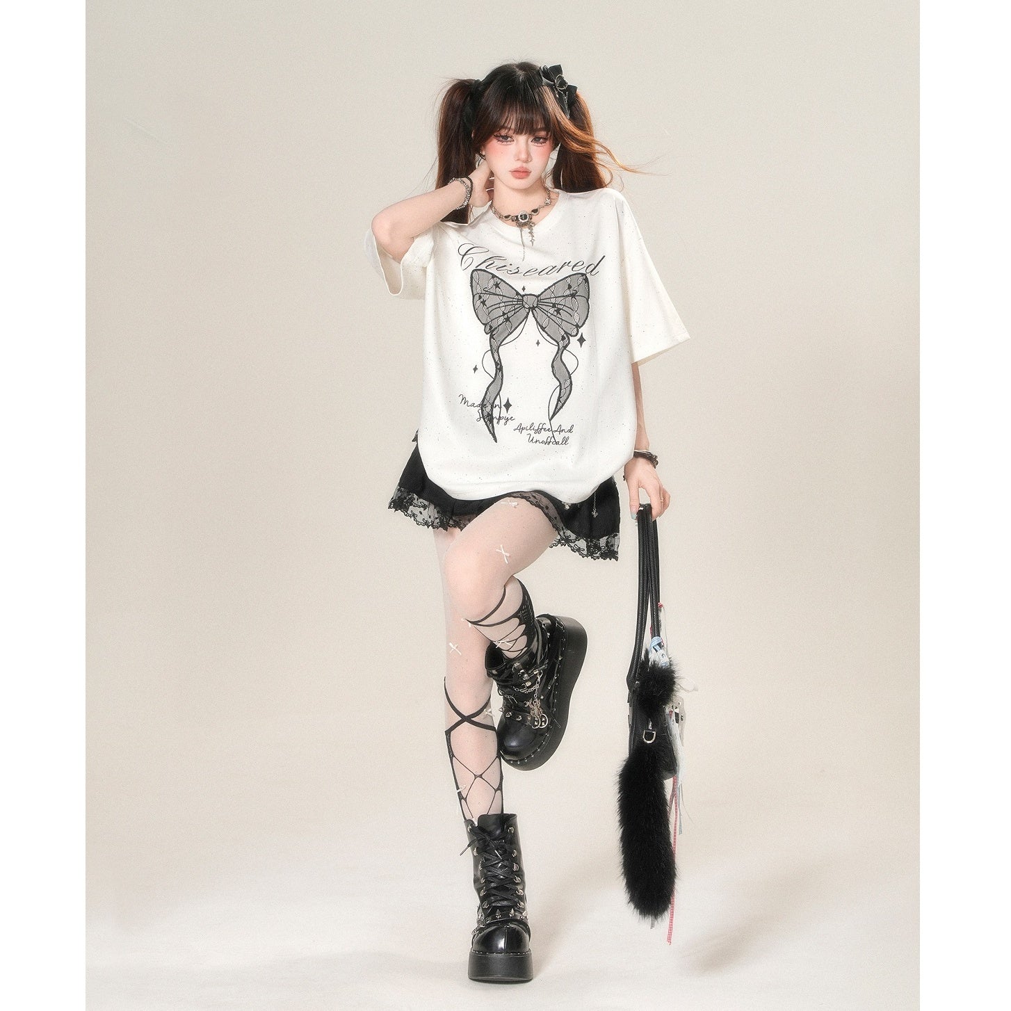 Lace Embroidery Big Ribbon T-Shirt KK2040