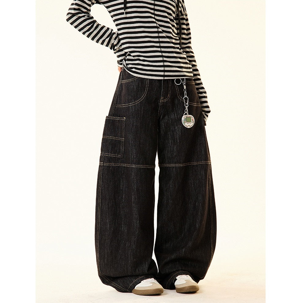 Back Print Loose Barrel-Leg Work Jeans MW9700