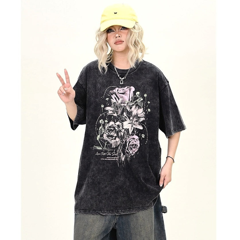 Skull Rose Print Wash Loose T-shirt MW9951