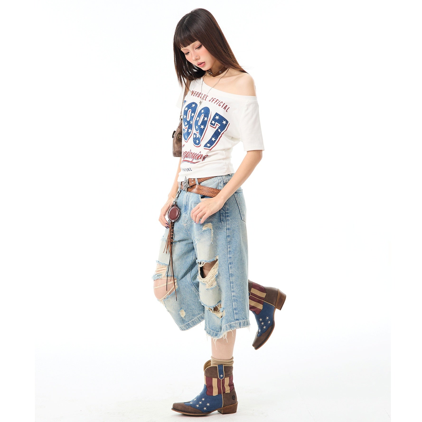 American Star Print Slanted Shoulder T-shirt MW10096