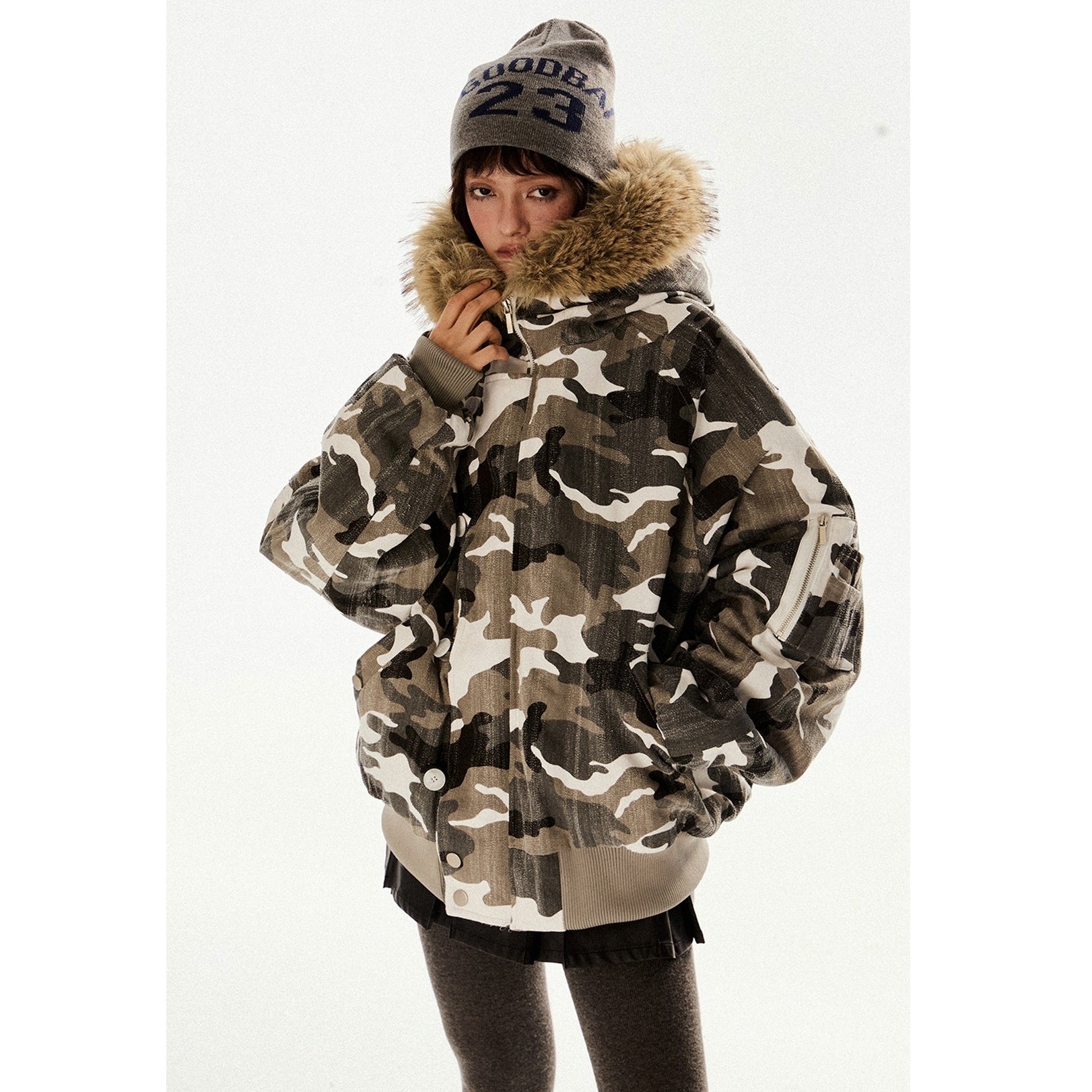 Fur Collar Hooded Camouflage Zipper Jacket EZ194