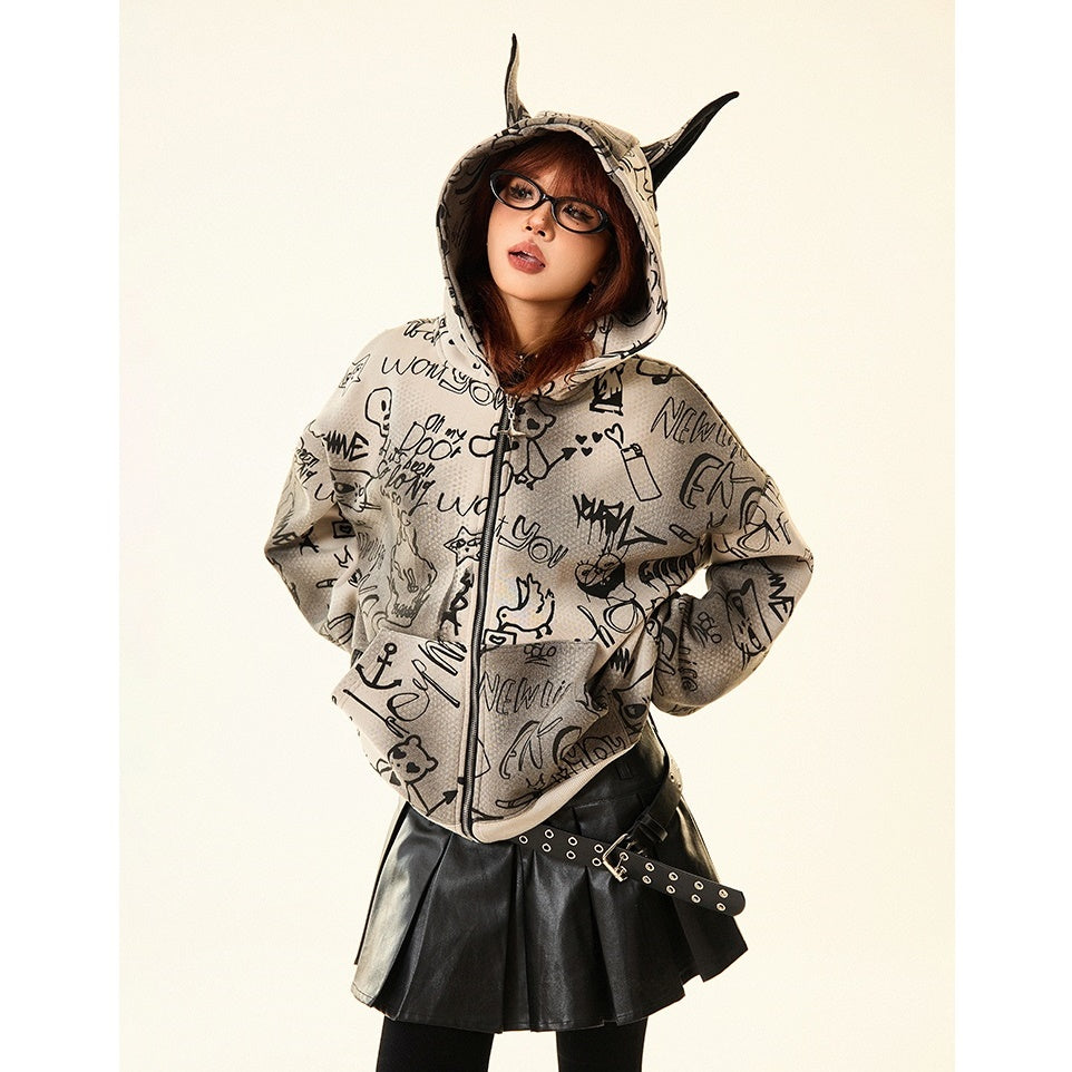 Doberman Ear Hooded Graphic Print Zip-Up Parka MW9701