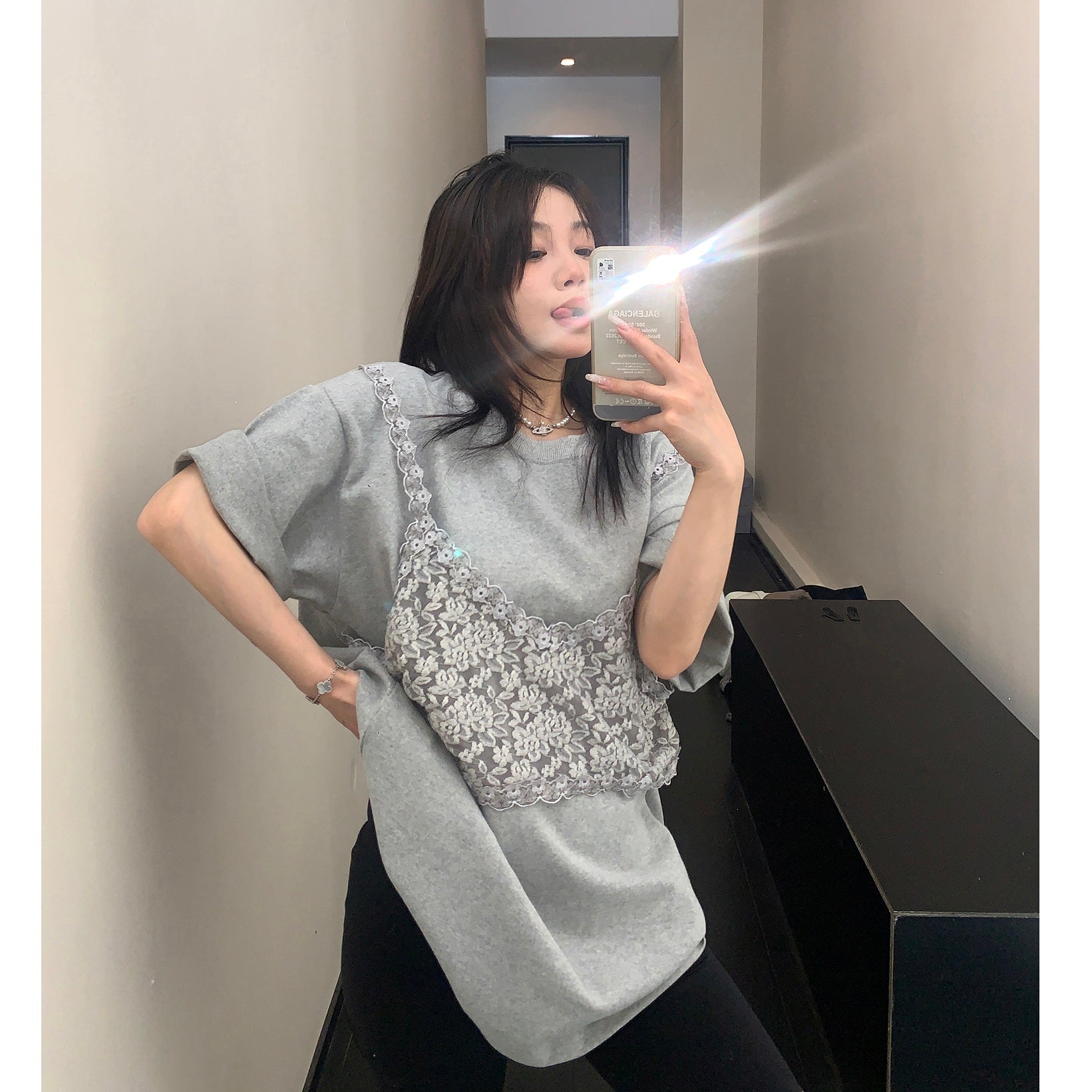 Lace Camisole Stitch Fake Layered T-shirt MW10073