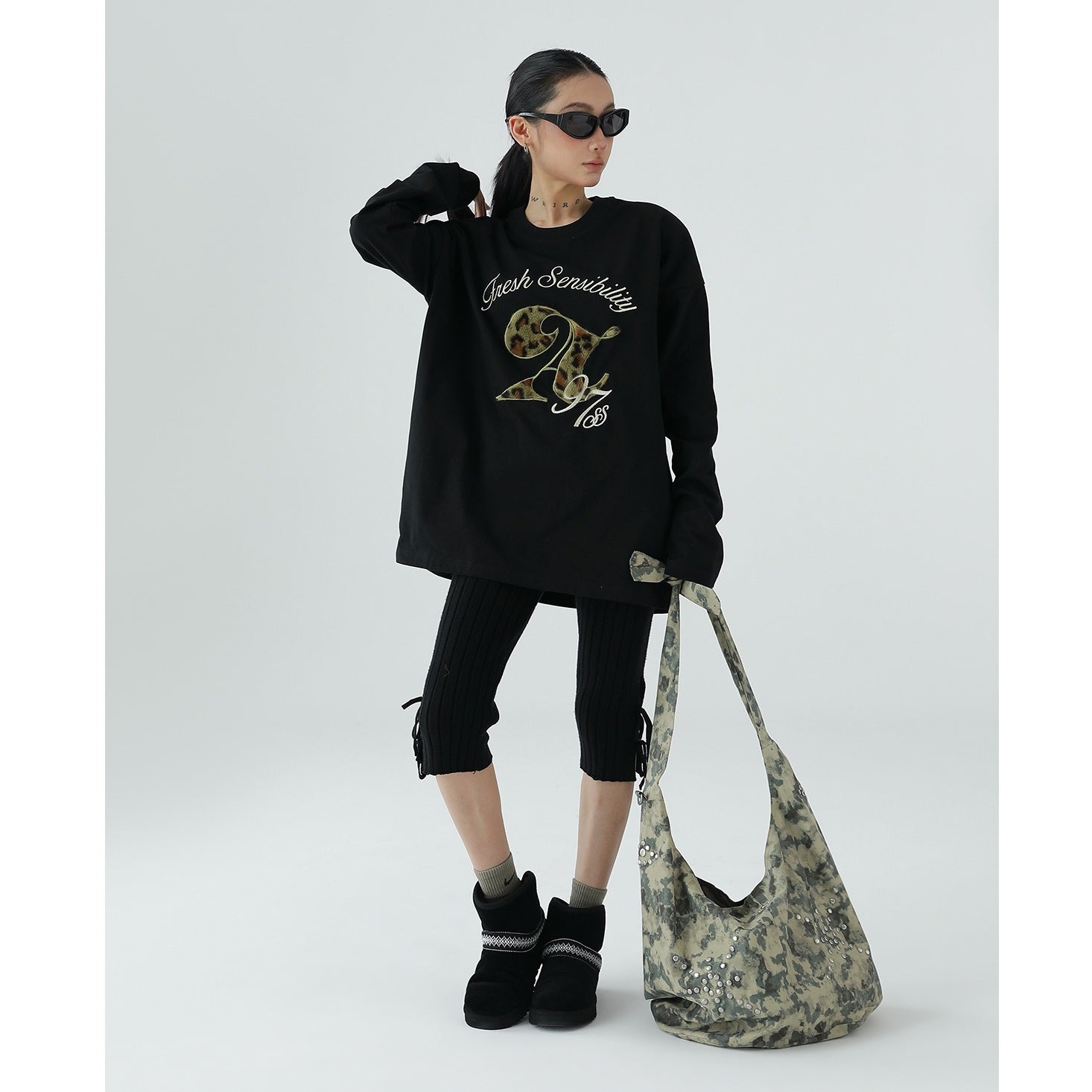 Leopard Flocking Print Long Sleeve T-Shirt AC7076