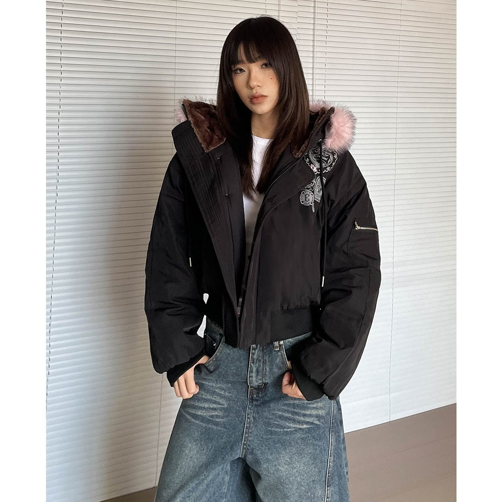 Hooded Volume Fur Collar Cropped Padded Jacket MW9770