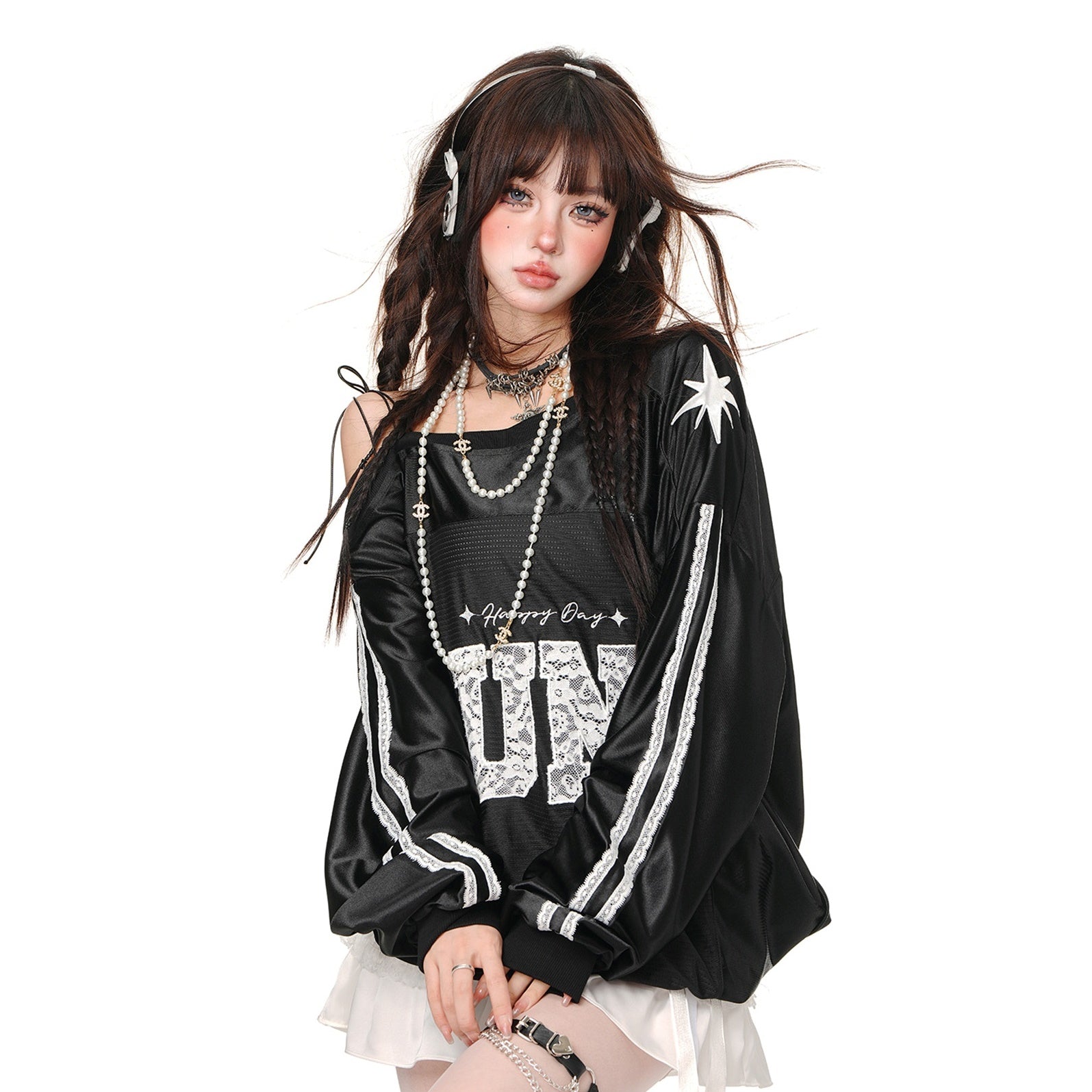 Lace Slanted Shoulder Baseball Style Pullover KK2002