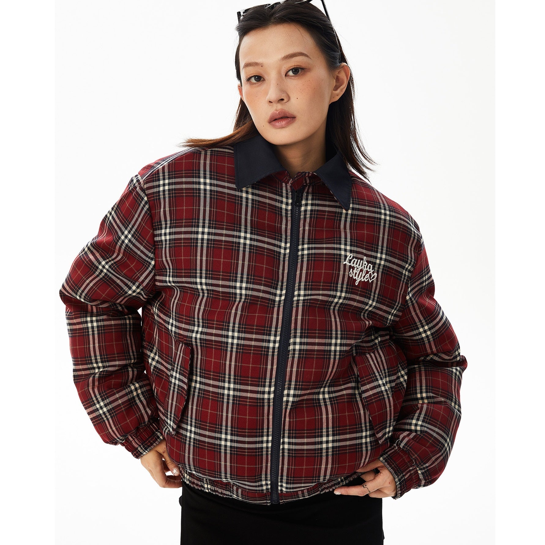 Plaid Lapel Reversible Zip-Up Padded Jacket MW9622