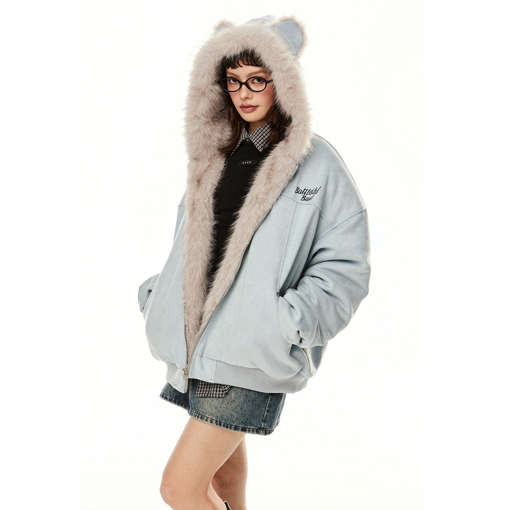 Fur Stitch Cat Ears Hooded Jacket EZ224