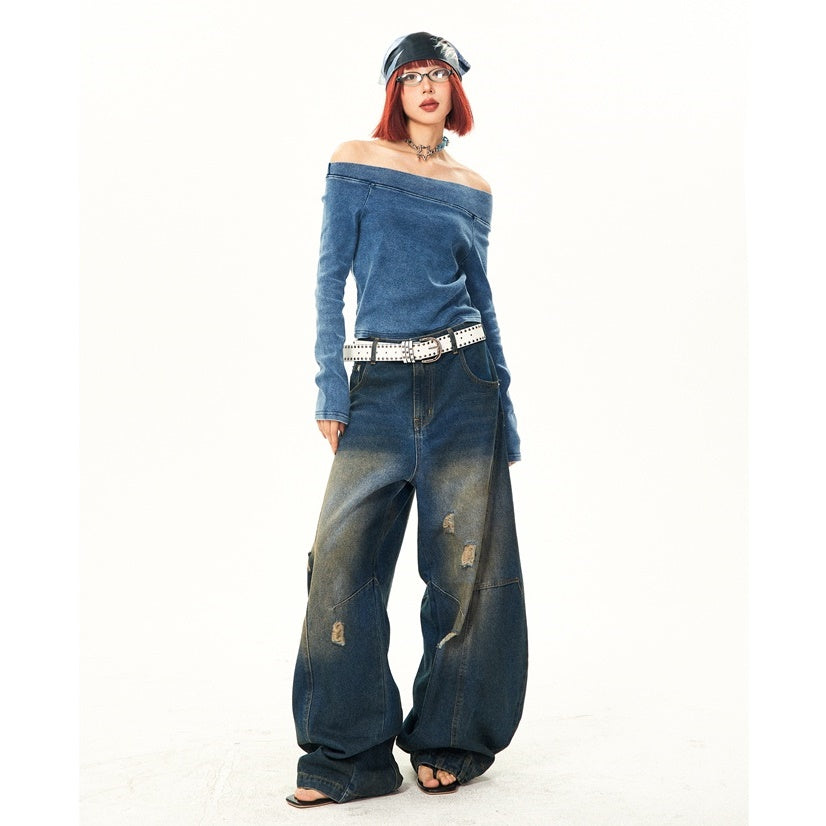 Retro Washed Ripped Stitch Design Loose Jeans YS7007