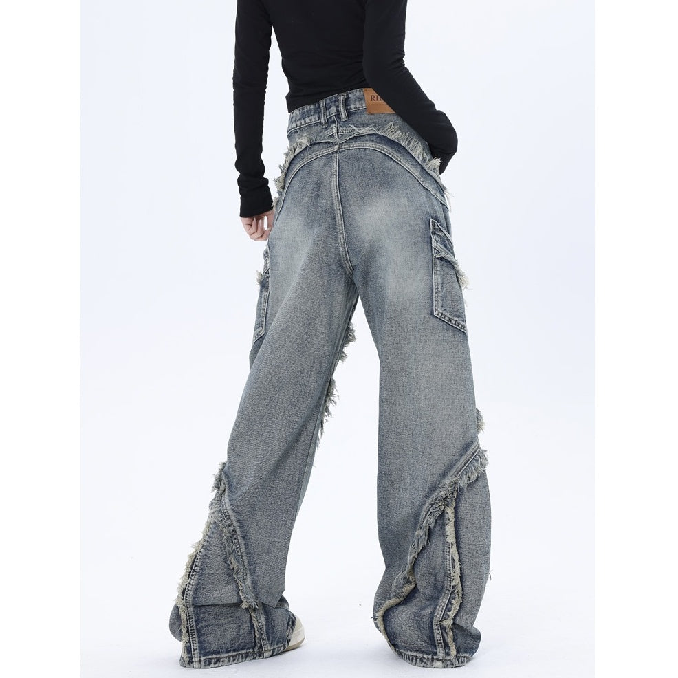 Wash Panels Raw Edge Loose Straight Jeans MW10062