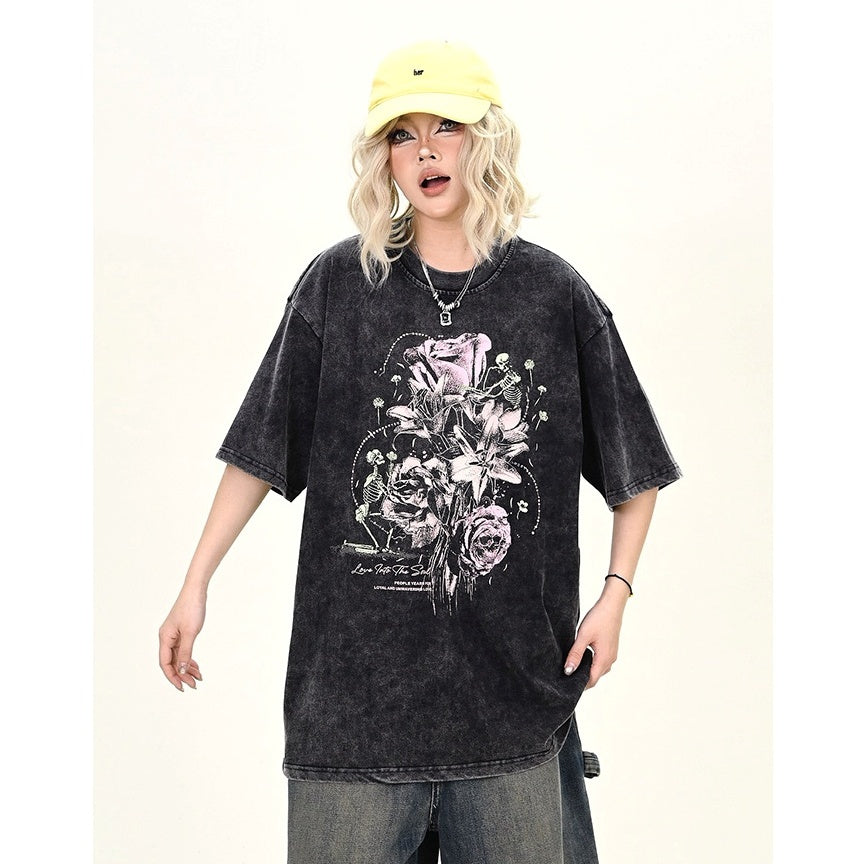 Skull Rose Print Wash Loose T-shirt MW9951